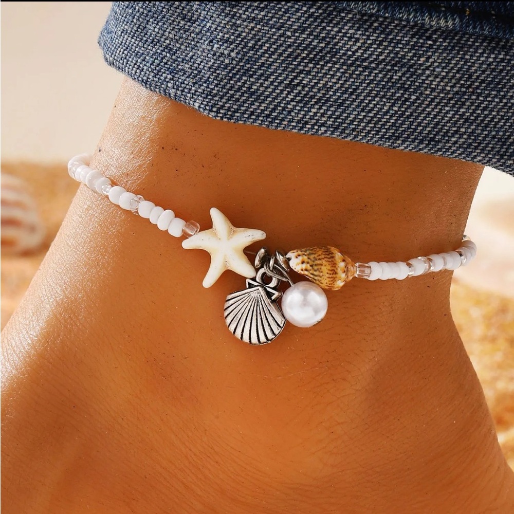 White Beaded Starfish and Shell Charm Anklets